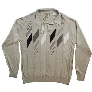 Tulliano Polo Sweater Mens M Sand Beige Silk Cotton Geometric Long Sleeve NWT